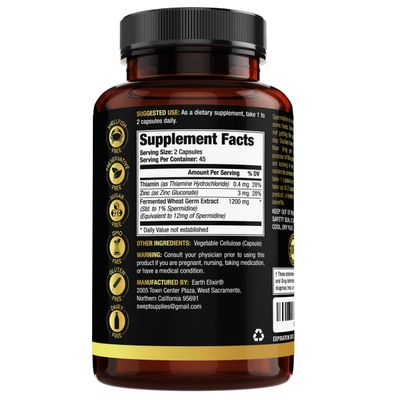 Earth Elixir Spermidine Supplements 1200mg 90 Capsules - Anti Aging - 3rd Party Tested 12mg Spermidine Powder Max Purity - 100 Pure Espermidina- Fermented Wheat Germ Extract - NMN Alternative