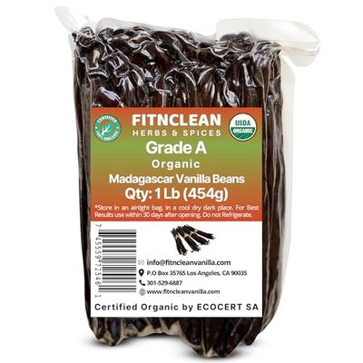 1Lb Organic Madagascar Vanilla Beans Grade A. Certified USDA Organic. 7-8 by FITNCLEAN VANILLA for Chefs, Cooking, Extract. 16oz Bourbon Fresh NON-GMO Whole Gourmet Pods