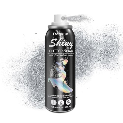 Ragkun Body Glitter, Body Glitter Spray, Glitter Spray for Hair and Body, Long-Lasting and Quick-Drying Silver Glitter Hairspray Suitable for Stage, Festival Rave and Makeup Prom 2.11 Fl Oz