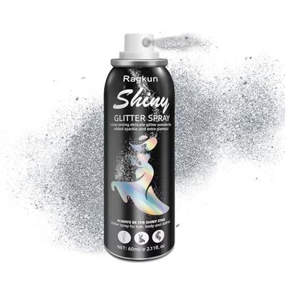 Ragkun Body Glitter, Body Glitter Spray, Glitter Spray for Hair and Body, Long-Lasting and Quick-Drying Silver Glitter Hairspray Suitable for Stage, Festival Rave and Makeup Prom 2.11 Fl Oz