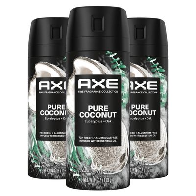 AXE Fine Fragrance Collection Premium Deodorant Body Spray for Men Pure Coconut 3 Count with 72H Odor Protection and Freshness Infused with Coconut, Eucalyptus, and Oak Essential Oils 4 oz