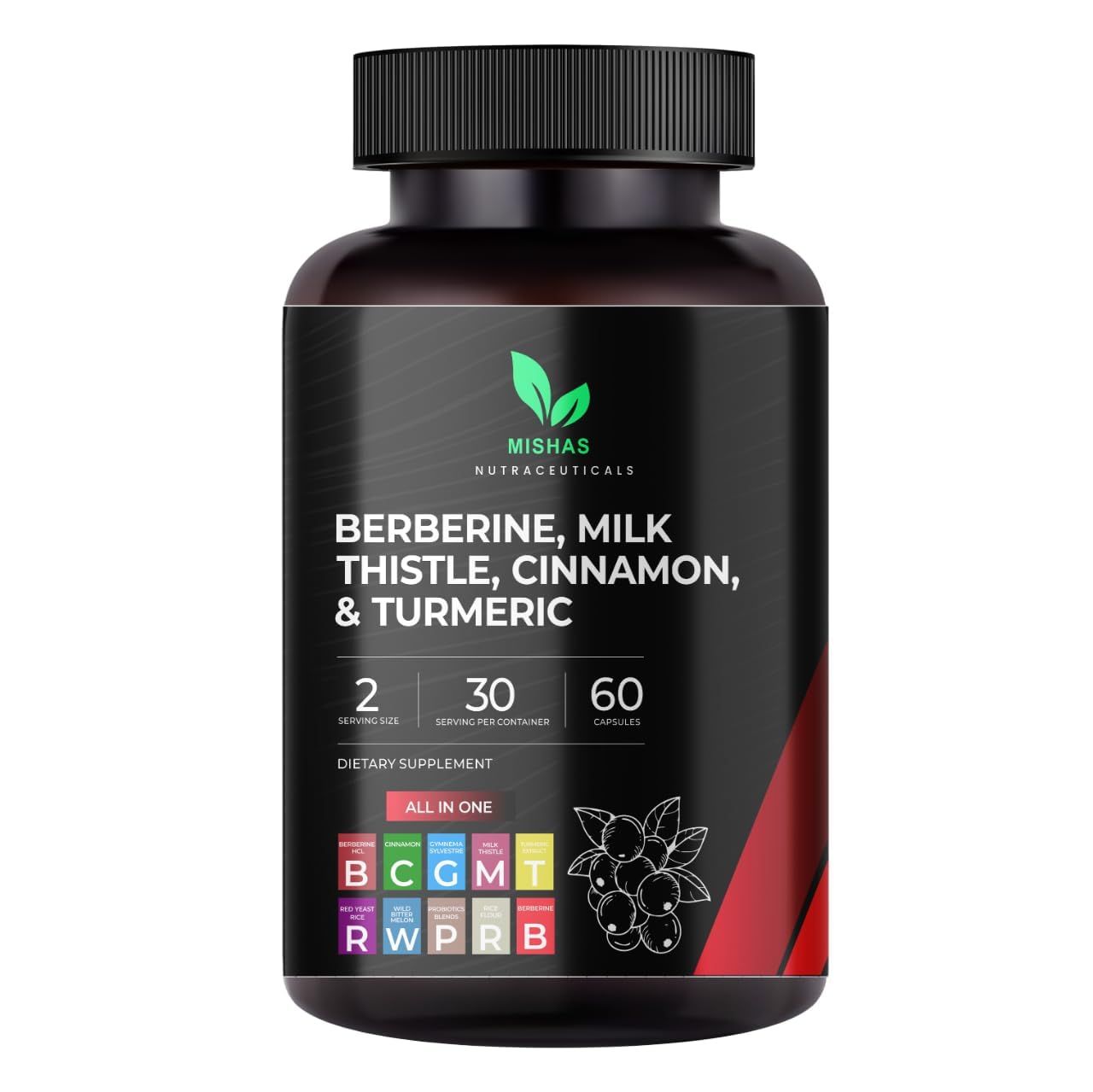 Mishas Nutraceuticals Berberine, Milk Thistle, Cinnamon &amp; Turmeric Supplement - Liver Cleanse Detox &amp; Repair, Supports Heart, Weight Loss &amp; Gut Health - 60 Vegan Capsules