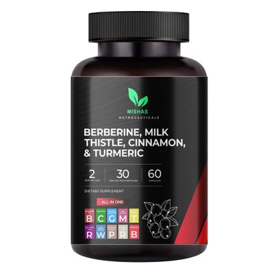 Mishas Nutraceuticals Berberine, Milk Thistle, Cinnamon &amp; Turmeric Supplement - Liver Cleanse Detox &amp; Repair, Supports Heart, Weight Loss &amp; Gut Health - 60 Vegan Capsules