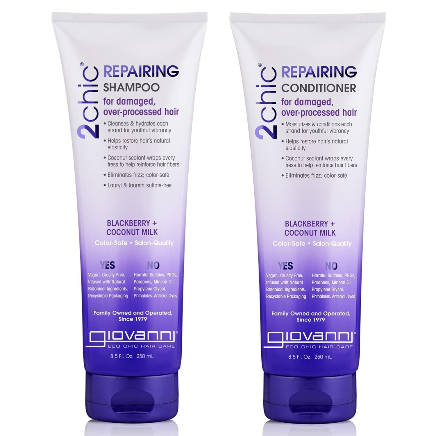 GIOVANNI 2chic Ultra-Repairing Shampoo &amp; Conditioner Set - For Damaged, Over-Processed Hair, Helps Restore Hair&#39;s Natural Elasticity, Blackberry &amp; Coconut Oil, Shea Butter, Color Safe - 8.5 oz Each
