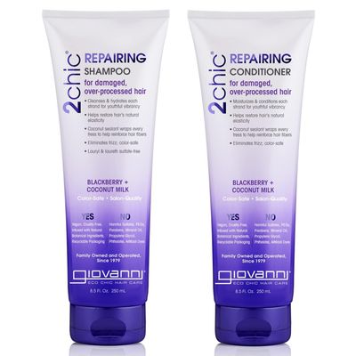 GIOVANNI 2chic Ultra-Repairing Shampoo &amp; Conditioner Set - For Damaged, Over-Processed Hair, Helps Restore Hair&#39;s Natural Elasticity, Blackberry &amp; Coconut Oil, Shea Butter, Color Safe - 8.5 oz Each