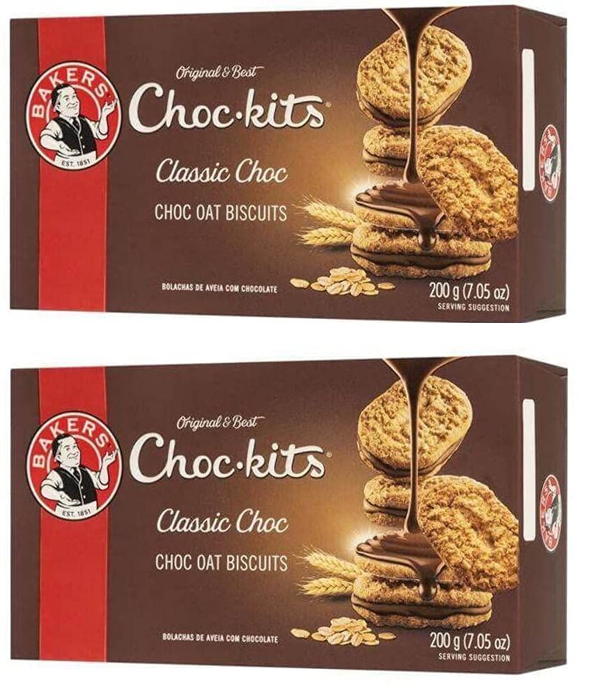 Baker&#39;s Choc-kits Crunchy Oat BiscuitsCookie Chocolate Pack of 2 32-40 Cookies a Box Kosher Halal Real Chocolate Finest Ingredients 32oz Imported from South Africa