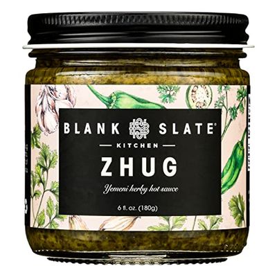 Blank Slate Kitchen Zhug 6 oz Spicy Middle Eastern Herby Green Hot Sauce Yemeni Skhug Vegan &amp; Gluten-free Blend of Jalapenos, Cilantro, Parsley, Garlic, Lemon Juice &amp; Olive Oil