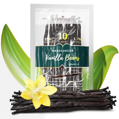 Madagascar Vanilla Beans - Vacuum Sealed Grade A Vanilla Pods - Rich, Creamy Flavor &amp; Aroma -Great for for Baking, Homemade Extract, Paste, Brewing, Coffee, Cooking 10