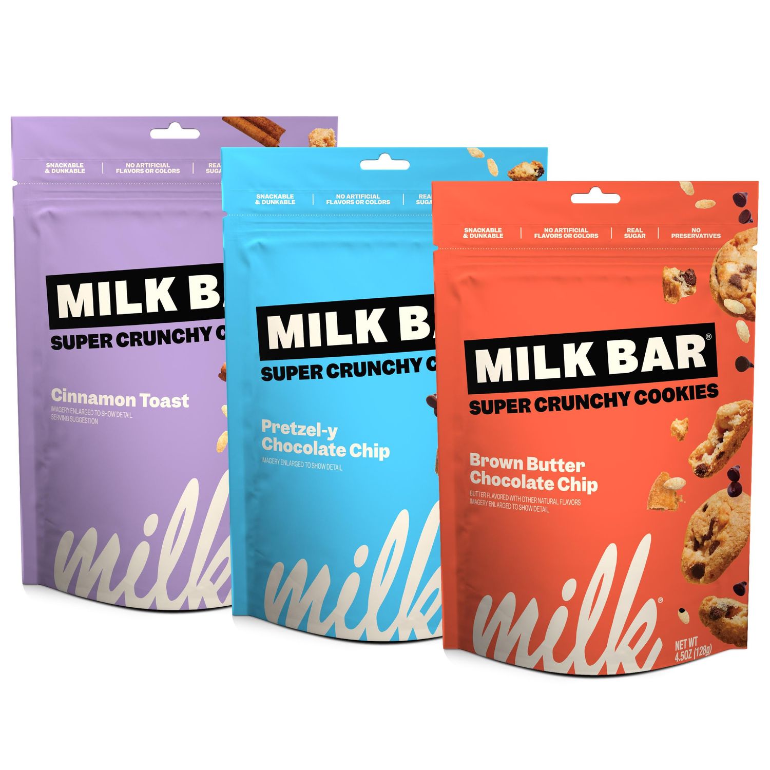 MILK BAR Super Crunchy Cookies - Cinnamon Toast, Pretzel-y Chocolate Chip, and Brown Butter Chocolate Chip Crunchy Bite-Sized Cookies With No Artificial Flavors or Preservatives Pack of 3, 4.5oz Bags