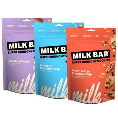 MILK BAR Super Crunchy Cookies - Cinnamon Toast, Pretzel-y Chocolate Chip, and Brown Butter Chocolate Chip Crunchy Bite-Sized Cookies With No Artificial Flavors or Preservatives Pack of 3, 4.5oz Bags