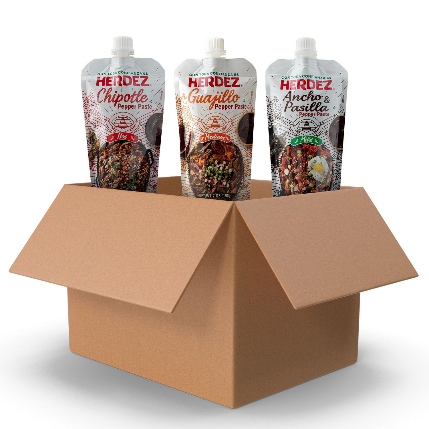 HERDEZ Pepper Paste Trio, Chipotle Hot, Guajillo Medium, Ancho &amp; Pasilla Mild 7 oz Squeeze Pouch with Easy Close Twist Cap 3 Pack- Bold Mexican Flavor &amp; Dried Chile Pepper Alternative