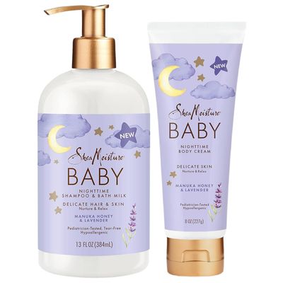 Shea Moisture Baby Care Set - Relaxing Nighttime Shampoo &amp; Bath Milk Nighttime Body Cream for Delicate Skin, Manuka Honey &amp; Lavender 2 Piece Set