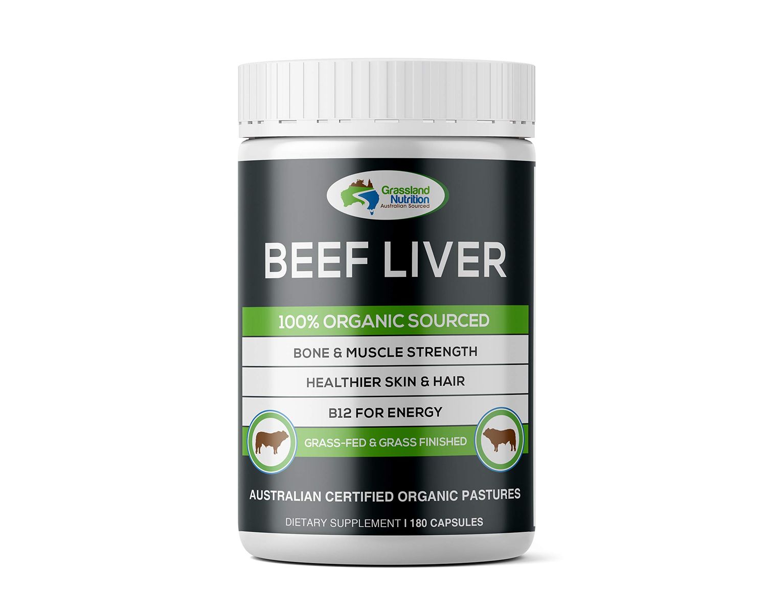 Grassland Nutrition Grass Fed Beef Liver 100 Organic Sourced - Natural B12 for Energy, Iron &amp; Vitamin A 180 Capsules