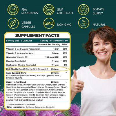 Milk Thistle Supplement for Liver Cleanse Detox & Repair, Liver Supplement with 450 mg Milk Thistle Extract 80 Silymarin for Liver Support and Health, GMO-Free, 120 Veggie Capsules 60 Day-Supply