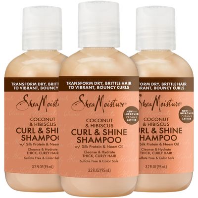 SheaMoisture Curl &amp; Shine Shampoo, Travel-Size 3-Pack -?Coconut &amp; Hibiscus Curly Hair Shampoo for Definition, Shine &amp; Frizz Control, 3.2 Oz Ea