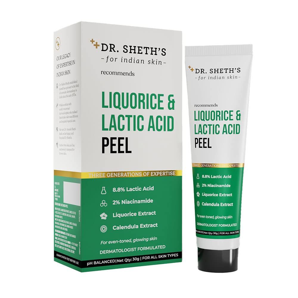 Dr. Sheth&#39;s Liquorice &amp; 8.8 Lactic Acid AHA Chemical Peel With 2 Niacinamide, Calendula Extract, AHA Peeling Solution For Face, Chemical Exfoliator For Unisex, 30g