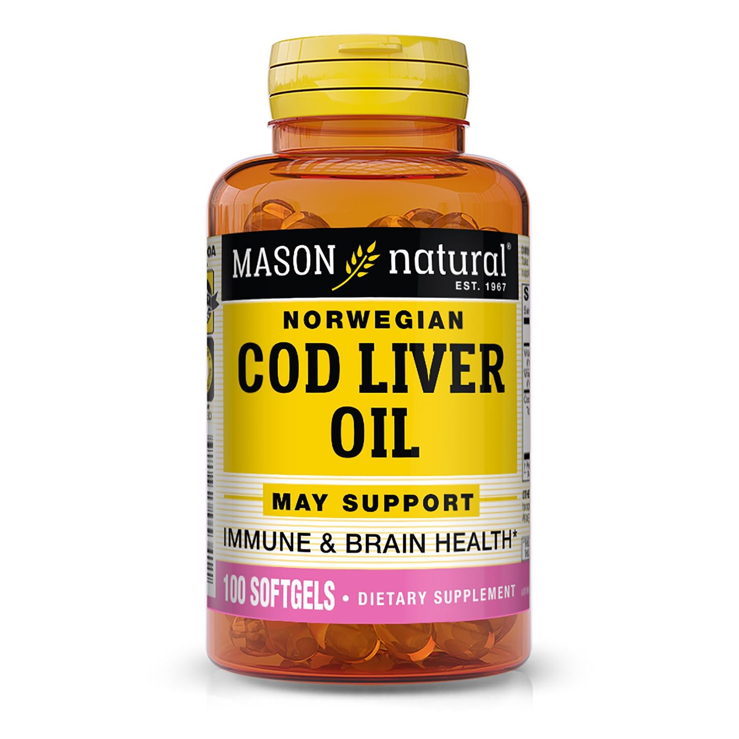 MASON NATURAL Cod Liver Oil Plus Vitamin A &amp; D3 - Healthy Heart and Brain Function, Improved Immunity, Supports Overall Health, 100 Softgels