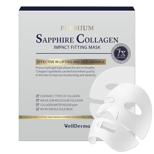 WELLDERMA Sapphire Collagen Impact Fitting Mask, Hydrating Hydrogel Face Mask for Dry Skin, With Niacinamide and Marine Collagen, 4pcs x 4ea Total 16 Sheets