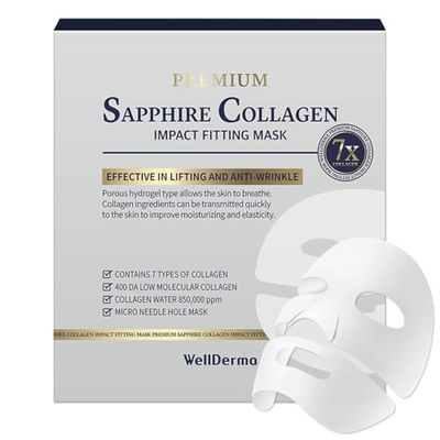 WELLDERMA Sapphire Collagen Impact Fitting Mask, Hydrating Hydrogel Face Mask for Dry Skin, With Niacinamide and Marine Collagen, 4pcs x 4ea Total 16 Sheets