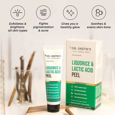 Dr. Sheth's Liquorice &amp; 8.8 Lactic Acid AHA Chemical Peel With 2 Niacinamide, Calendula Extract, AHA Peeling Solution For Face, Chemical Exfoliator For Unisex, 30g