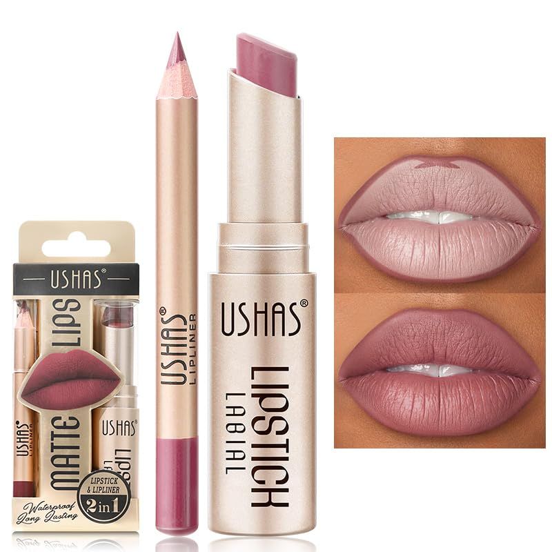 USHAS 2 in 1 Waterproof Lipstick Combo Set - Long Lasting Matte Lipstick Pen with Lip Liner - Makeup Kit G5, Pack of 1