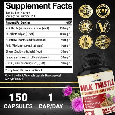 BMVINVOL Milk Thistle Capsules with Beet Root, Punarnava, Amla, Ginger, Dandelion, Cissus - 150 Count - 5 Month Supply