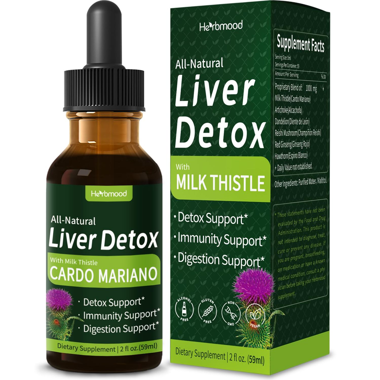 Herbmood Milk Thistle Liver Detox Drops, Cardo Mariano Silimarina para el Higado Graso, Liver Support Formula wArtichoke, Herbal Extract Liquid for Liver Cleanse Detox &amp; Repair. 2oz