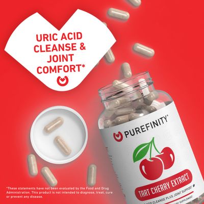 PUREFINITY Tart Cherry Capsules - Uric Acid Flush &amp; Cleanse to Support Joint &amp; Muscle Comfort with Raw Extract, Non-GMO, Gluten Free, Vegan - 30 Count 1 Month Supply