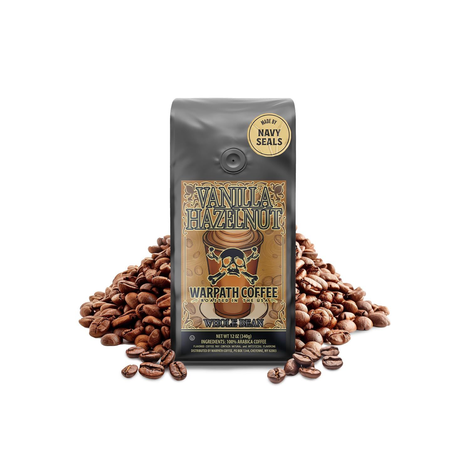Warpath Coffee Light Roast Whole Bean Coffee, Vanilla Hazelnut Blend, High Caffeine, Strong Roasted 100 Arabica Coffee Whole Beans, Rich Aroma, Full Bodied Intense Cup, Created by Navy SEALs, 12oz
