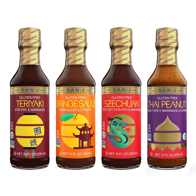 San-J - Spice of Life Variety Pack- Teriyaki, Orange Sauce, Szechuan, Thai Peanut - All Gluten Free Cooking Sauces - Non-GMO - 10 oz. Bottles - 4 Pack