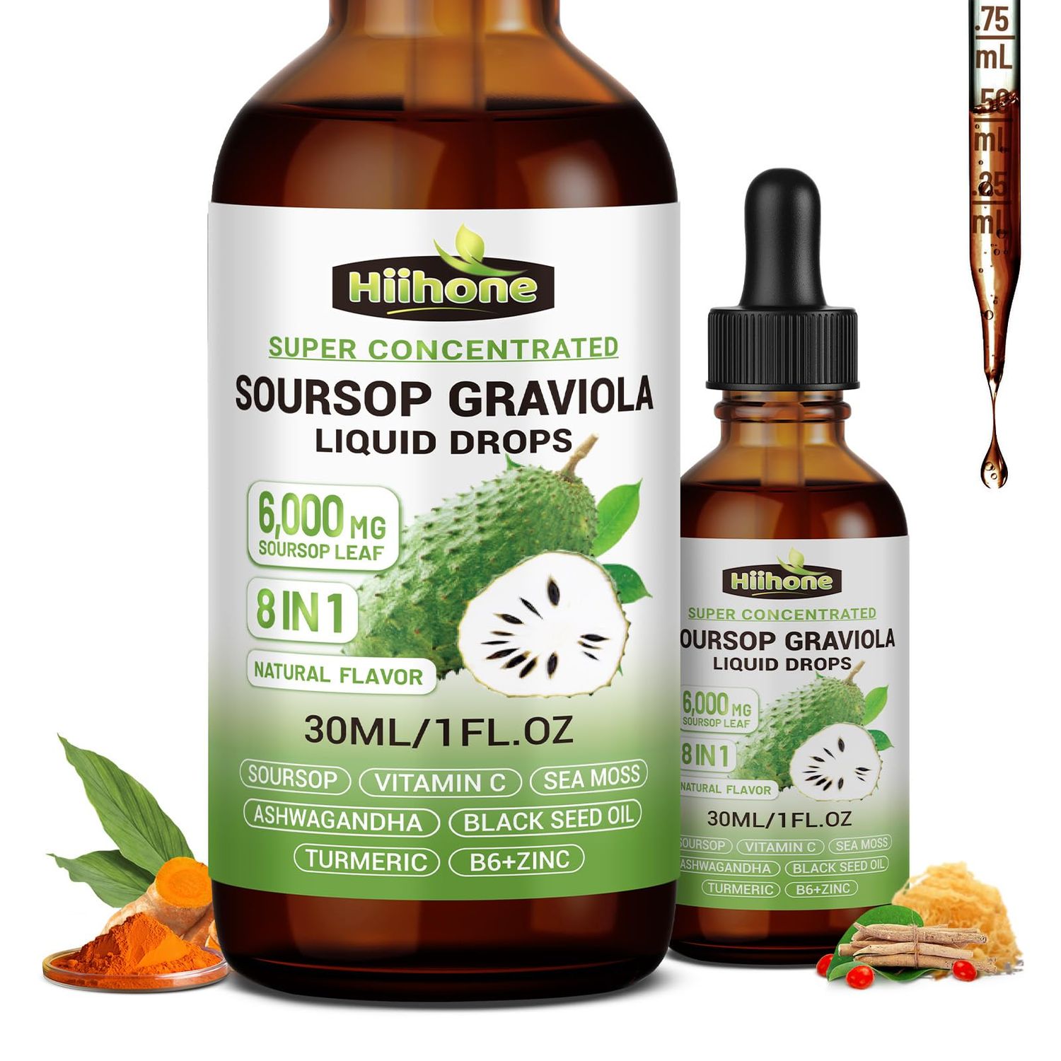 HIIHONE 2 Pack 8 in 1 Graviola Soursop Leaf Extract Liquid - Soursop Bitters Liquid with Sea Moss, Ashwagandha and Tumeric, for Immune &amp; Liver, Zzz &amp; Antioxidant &amp; Cell Support,1 Fl Oz