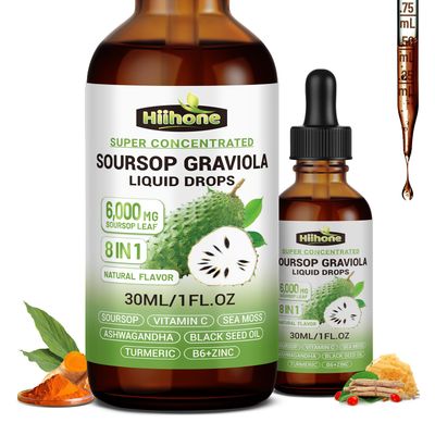 HIIHONE 2 Pack 8 in 1 Graviola Soursop Leaf Extract Liquid - Soursop Bitters Liquid with Sea Moss, Ashwagandha and Tumeric, for Immune &amp; Liver, Zzz &amp; Antioxidant &amp; Cell Support,1 Fl Oz