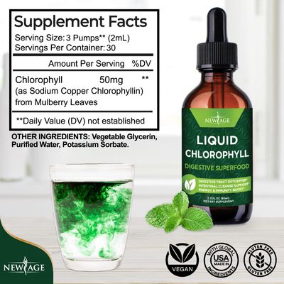 NEW AGE Chlorophyll Liquid Drops - Natural Concentrate - Energy Booster, Digestion and Immune System Supports, Internal Deodorant, Liver Function - 2 Fl Oz Pack of 4