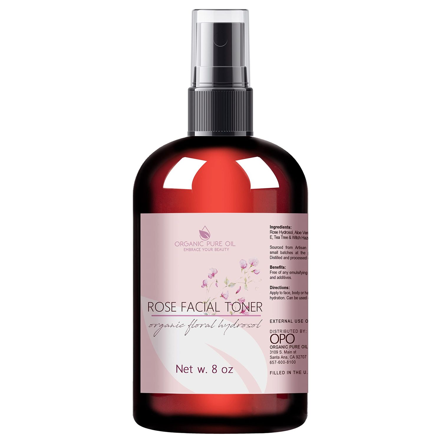 OPO Rose Water Facial Toner Spray, Natural Bulgarian Rosewater with Aloe, Tea Tree, Witch Hazel, Hydrating &amp; Rejuvenating for Face &amp; Neck, No Alcohol, Natural Face Mist 8 oz