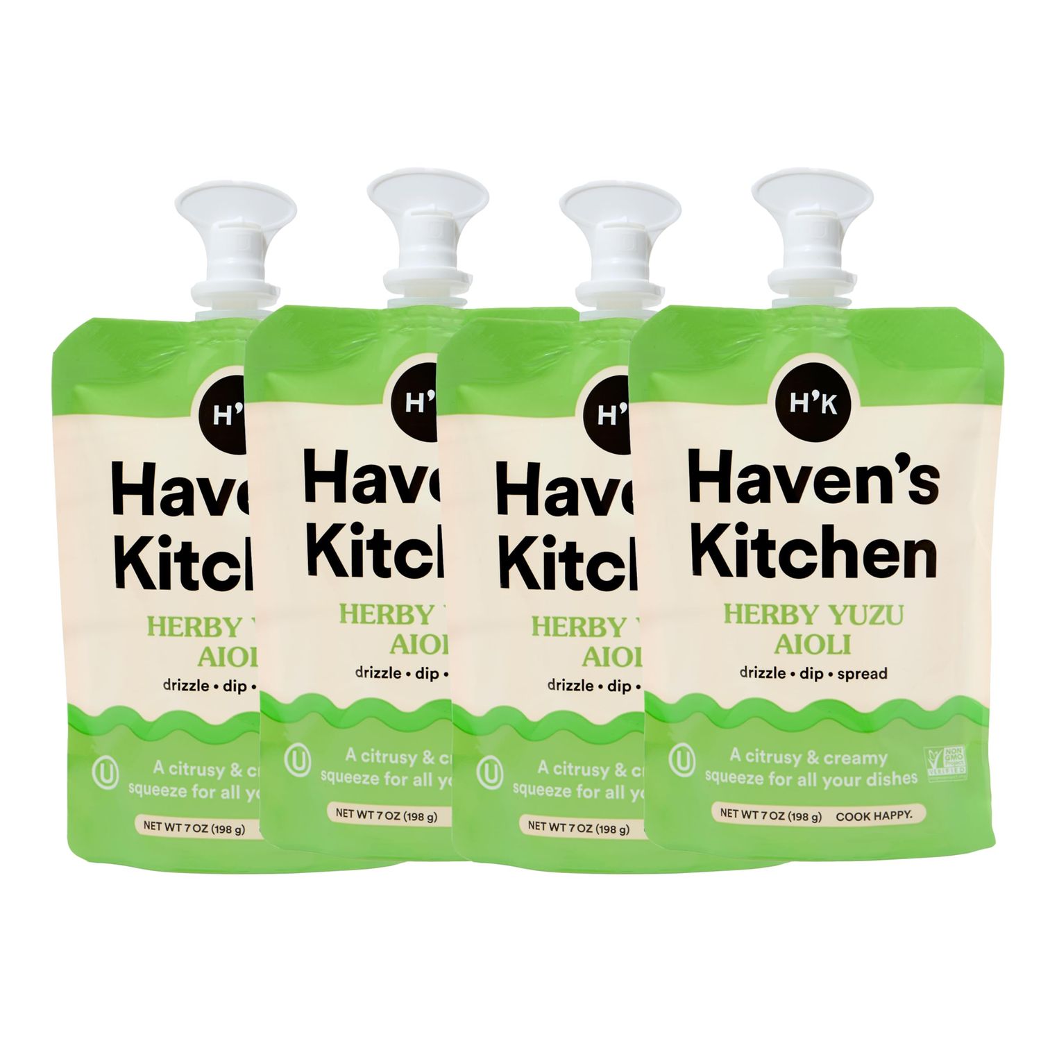 Haven&#39;s Kitchen, Aioli Sauce, Herby Yuzu Aioli, 4 Pack 52 Servings Total - Chickpea-Based Perfection - Natural Ingredients and Easy Resealable Squeezy Pouch - Bright &amp; Creamy Flavor - Ideal for Dri...
