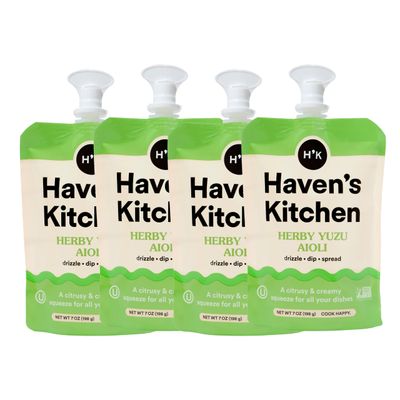 Haven&#39;s Kitchen, Aioli Sauce, Herby Yuzu Aioli, 4 Pack 52 Servings Total - Chickpea-Based Perfection - Natural Ingredients and Easy Resealable Squeezy Pouch - Bright &amp; Creamy Flavor - Ideal for Dri...