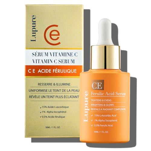 Lupure Vitamin C Face Serum: Anti Aging Facial Super Vit C Serum with Ferulic Acid Pure L-Ascorbic Acid, Vitamin E and Hyaluronic Acid for Dark Spots - 1 Fl Oz