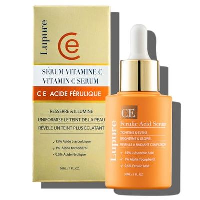 Lupure Vitamin C Face Serum: Anti Aging Facial Super Vit C Serum with Ferulic Acid Pure L-Ascorbic Acid, Vitamin E and Hyaluronic Acid for Dark Spots - 1 Fl Oz