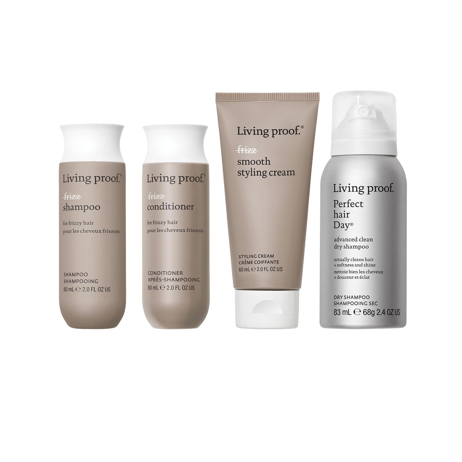 Living Proof Frizz-free Hair Essentials Kit - Travel Size No Frizz Shampoo, Conditioner, Smooth Styling Cream and Advanced Clean Dry Shampoo 70 value
