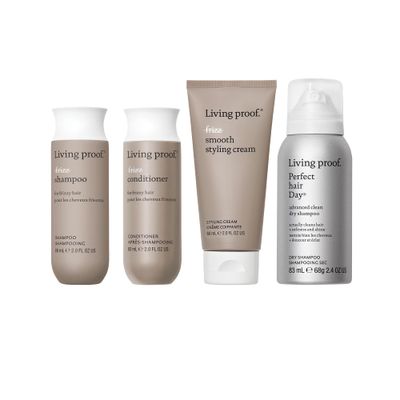 Living Proof Frizz-free Hair Essentials Kit - Travel Size No Frizz Shampoo, Conditioner, Smooth Styling Cream and Advanced Clean Dry Shampoo 70 value