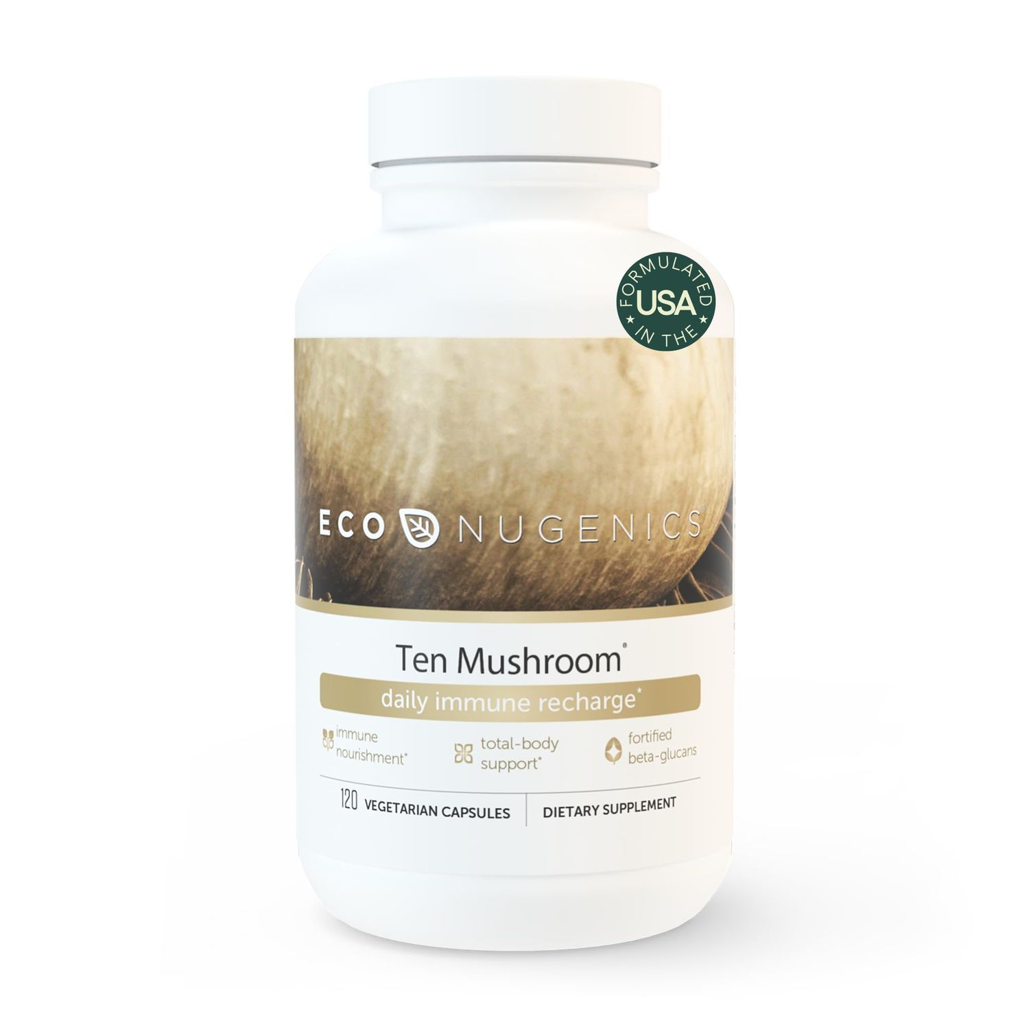 EcoNugenics Ten Mushroom Supplement: Daily Immune Support, 120 Capsules - Lions Mane, Reishi, Cordyceps, Turkey Tail, Maitake, Shiitake - Energy, Gut Health, Liver, Kidney &amp; Nootropic Brain Support