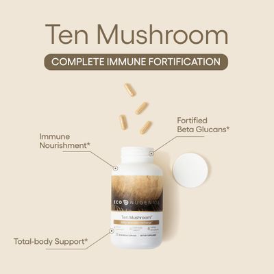 EcoNugenics Ten Mushroom Supplement: Daily Immune Support, 120 Capsules - Lions Mane, Reishi, Cordyceps, Turkey Tail, Maitake, Shiitake - Energy, Gut Health, Liver, Kidney &amp; Nootropic Brain Support