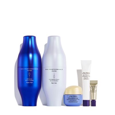 Shiseido Day-to-Night Plumping Skincare Set - Bio-Performance Skin Filler Serums 30mL x2, Vital Perfection Advanced Cream 15mL, Eye Cream 5mL & Intensive WrinkleSpot Treatment 2mL - 375 Value