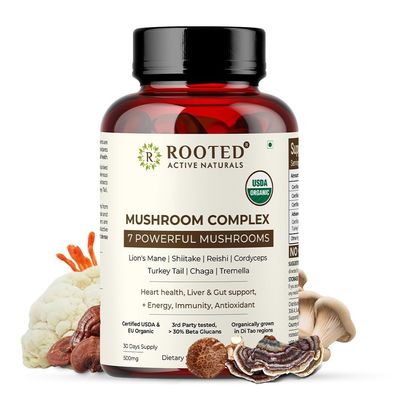 ROOTED Active&#39;s Mushroom Complex - Ayurveda Lions Mane, Reishi, Cordyceps, Chaga, Turkey Tail, Shiitake and Tremella - 1000 MG 60 Capsules, 30 Day Supply