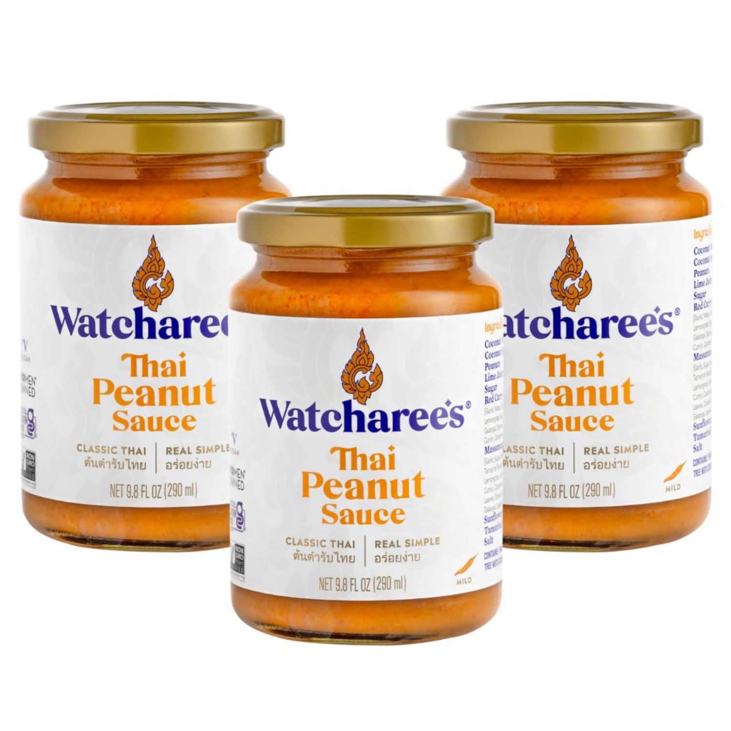 Watcharees Thai Favorites Sauce - Thai Peanut Authentic Thai Stir Fry Sauce, Vegan, Non-GMO, Gluten-Free - Pack of 3, 9.8 fl oz Per Jar
