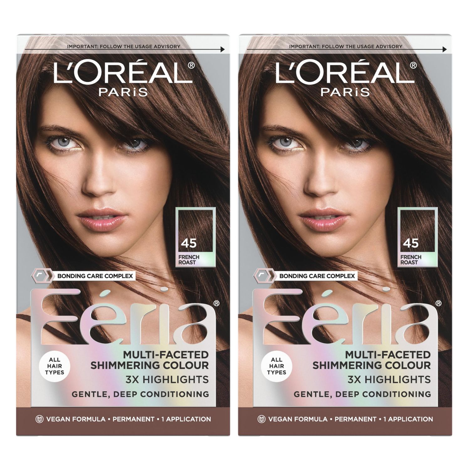 L&#39;Oreal Paris Feria Multi-Faceted Shimmering Permanent Hair Color, French Roast, Hair Dye Kit, Pack of 2