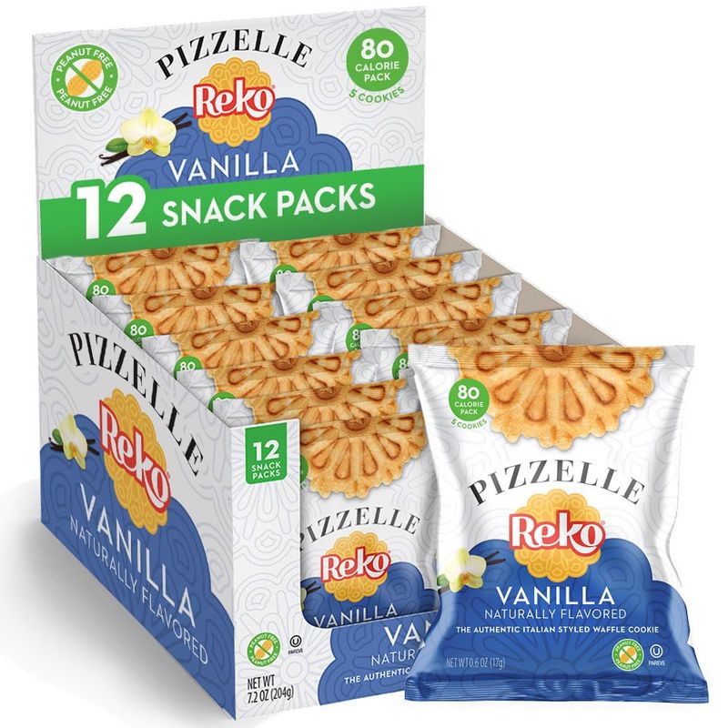 Reko Pizzelle Waffle Cookies, Individually Wrapped Single Serve Snack Packs - Italian Cookies with No Artificial Flavors, Colors or Preservatives - 5 Cookies per Pack, Box of 12 - Vanilla
