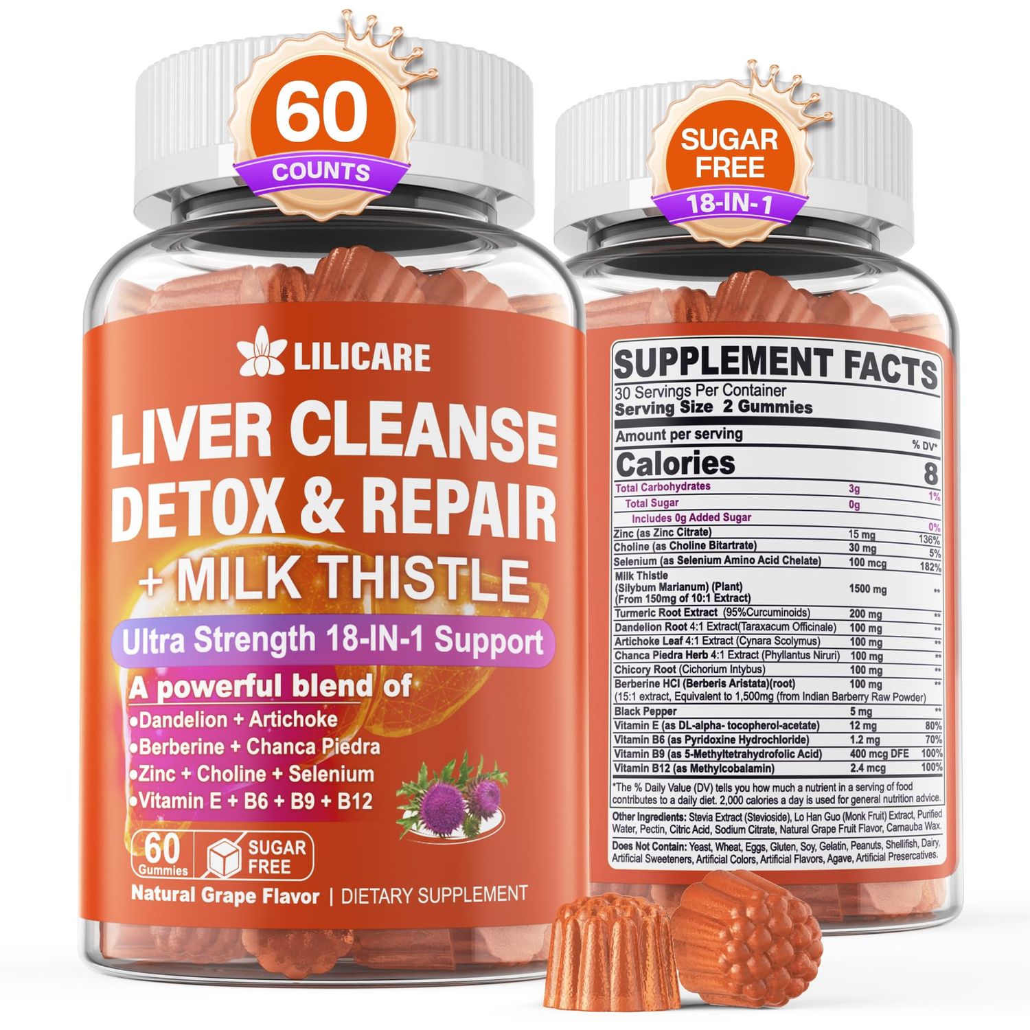1Pack Milk Thistle Liver Detox Gummies, 18-in-1 Liver Cleanse Detox &amp; Repair Supplement with Organic Berberine, Chicory Root, Turmeric, Artichoke, Dandelion Root, Chanca Piedra, Vitamins B6 B9 B12