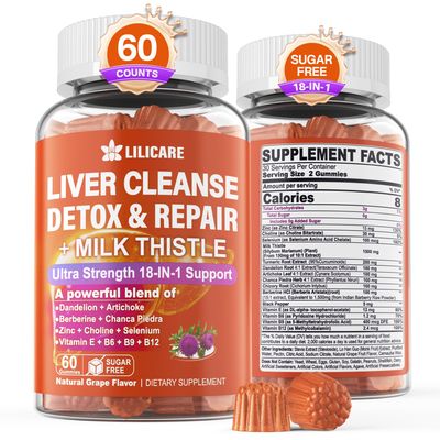 1Pack Milk Thistle Liver Detox Gummies, 18-in-1 Liver Cleanse Detox &amp; Repair Supplement with Organic Berberine, Chicory Root, Turmeric, Artichoke, Dandelion Root, Chanca Piedra, Vitamins B6 B9 B12