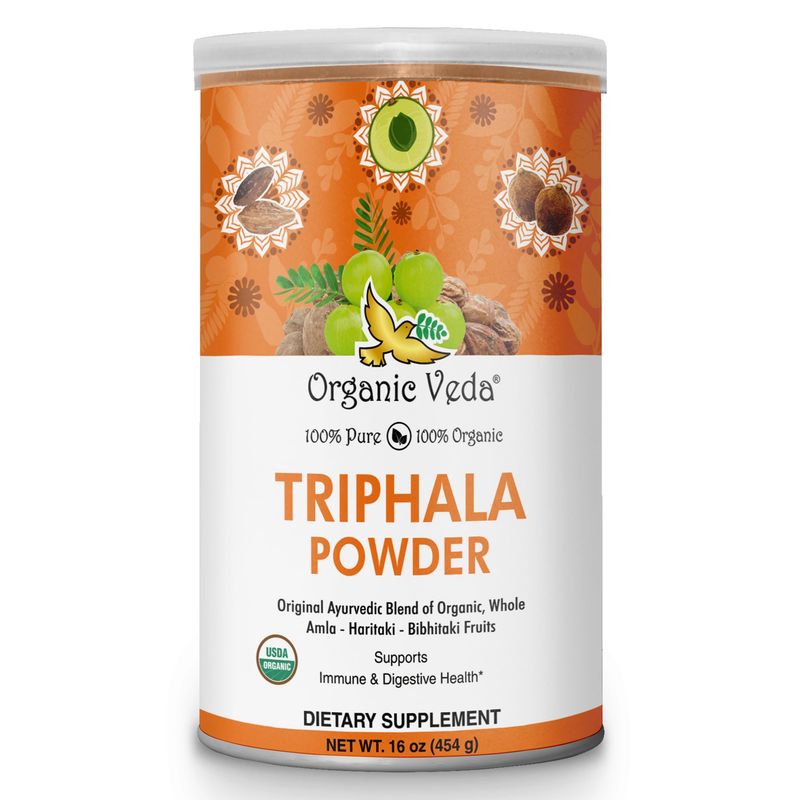 Organic Veda Triphala Powder with Amla, Haritaki, Bibhitaki Fruits - 100 Natural Ayurvedic Triphala Powder - Improves Immune Support, Digestion, Colon Cleanse, Skin Health - Vegan, Non-GMO - 16oz